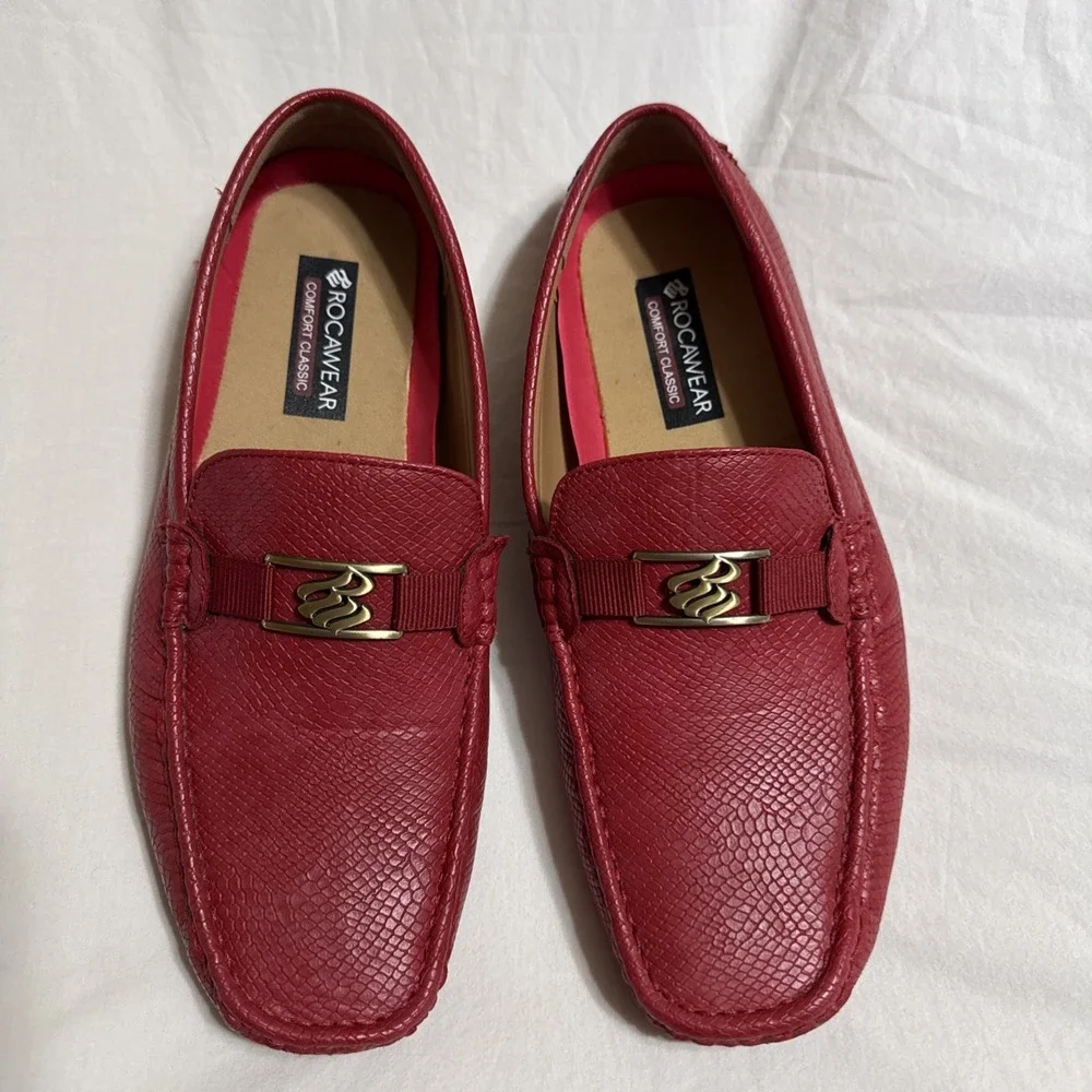 Rocawear Men's Red Faux Python Skin Driving Loafers Gold Buckle Size 10